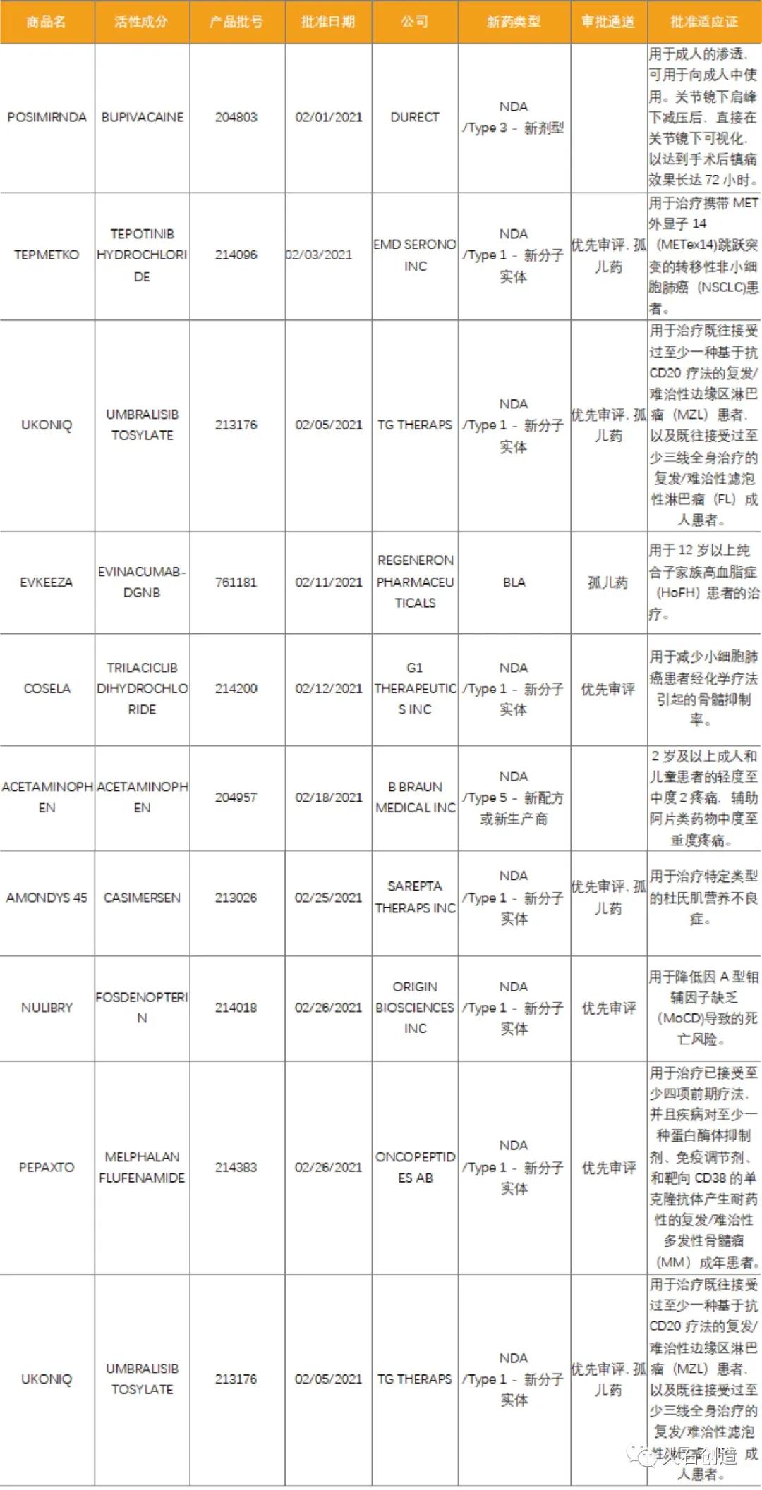 表1 2021年2月FDA批准NDABLA药物列表 表1 2021年2月FDA批准NDABLA药物列表
